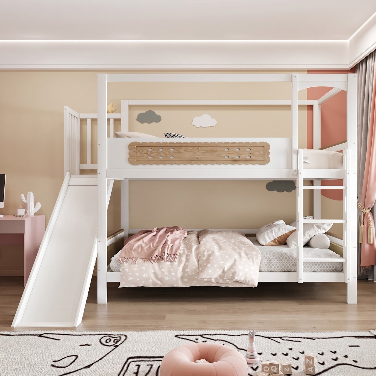 VVBV Stapelbed 90x200 / Stapelbed met opbergruimte / Kinderstapelbed – met Veiligheidshek, Ladder, Glijbaan – Natuurlijk Hout – Voor Kinderen en Tieners Natural Wood,White