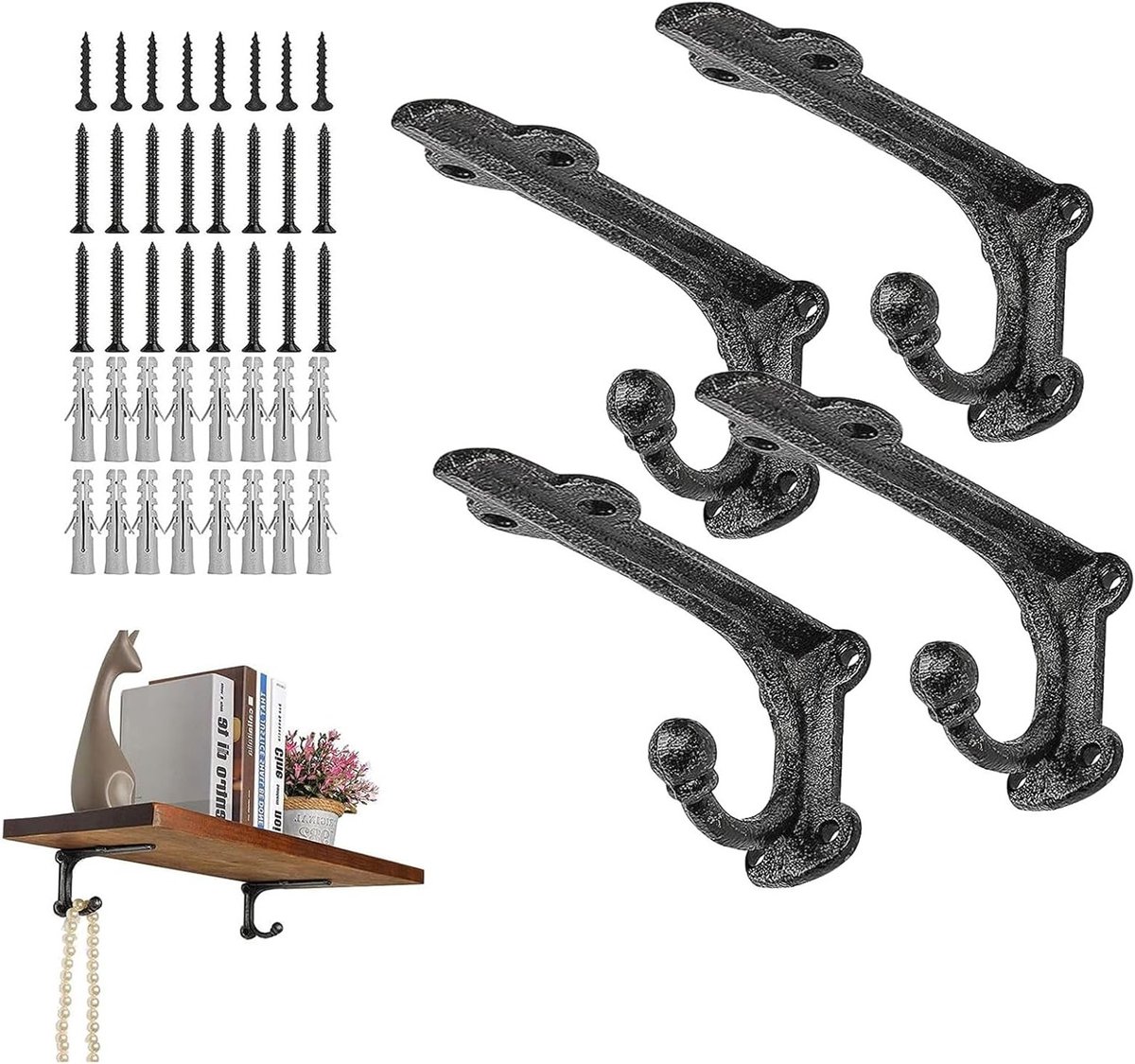 Robuuste Zwarte Wandplanken Beugels van Gietijzer 10.5cm met Haken - Set van 4, Stevige Plankbeugels voor Interieurdecoratie