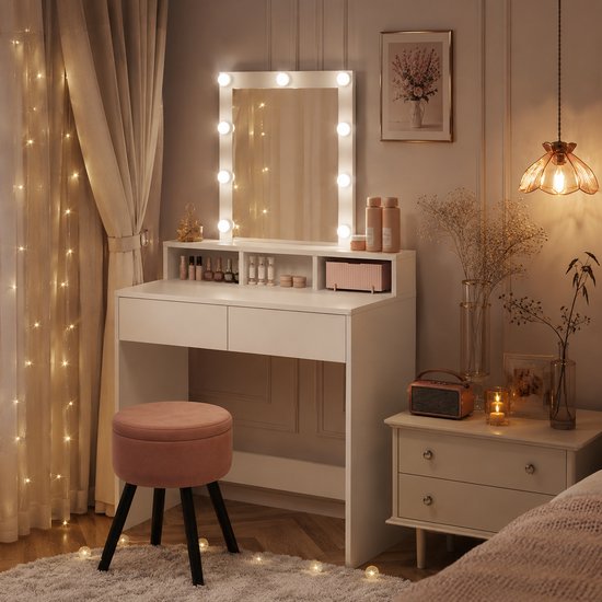 Kriaa Home® Coiffeuse Style Hollywood - Table de Maquillage Luxe avec Miroir et Éclairage LED 9 Ampoules - LED Dimmable - Blanc