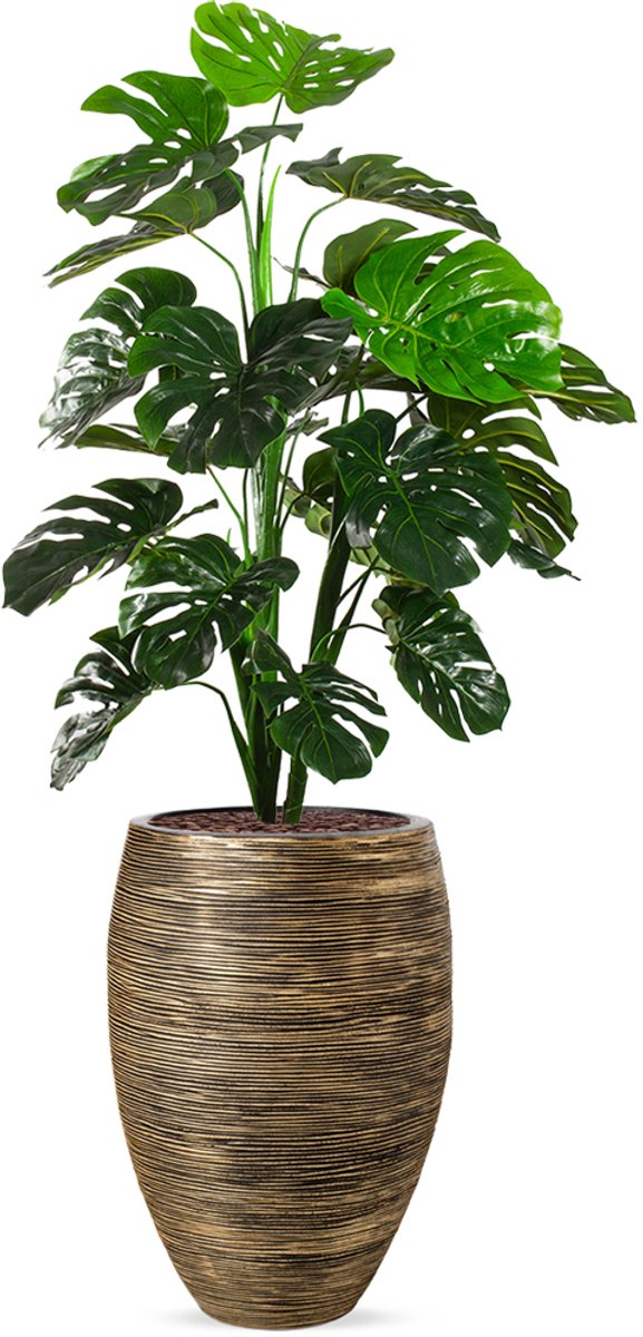 HTT Decorations Kunstplant Monstera in Vaas elegant Deluxe rib zwartgoud H160 cm