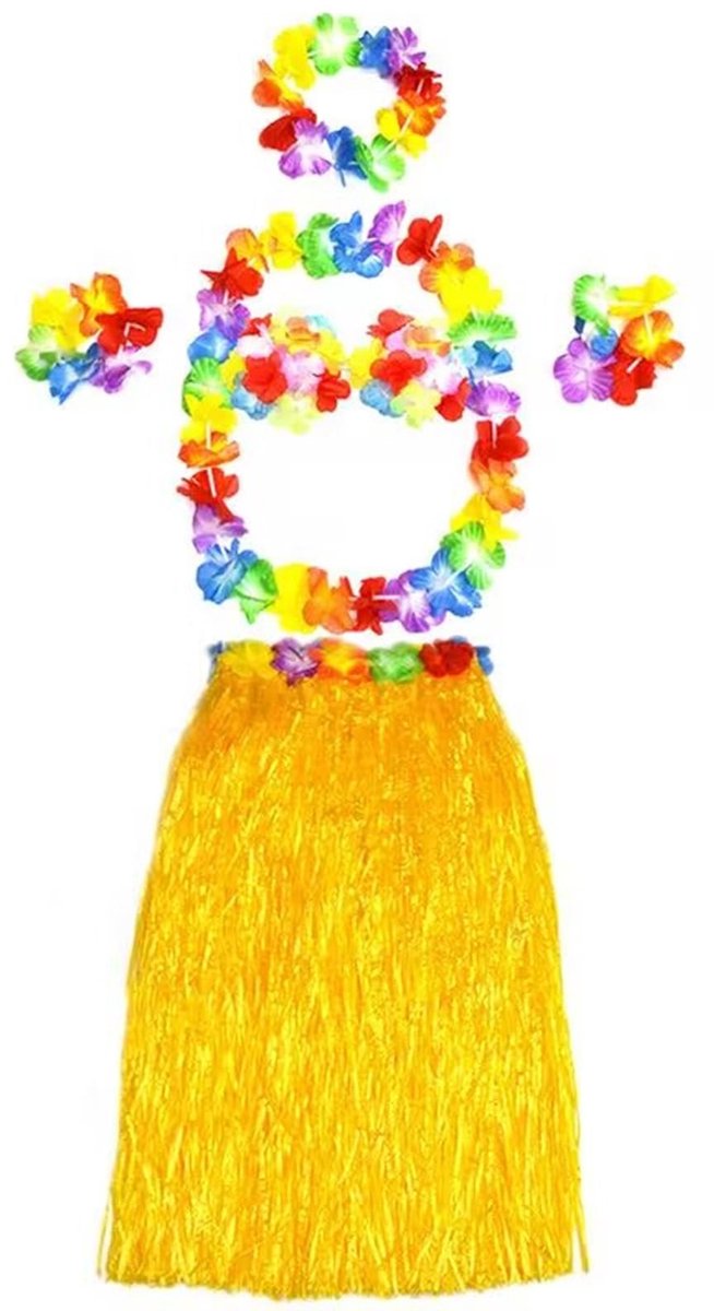 Dailygoods- Hawaii Kostuumset - Gele Hoelahrok - Veelkleurige Lei Bloemenketting - Armband - Hoofdband - Authentieke Polynesische Danssfeer - Themakostuum