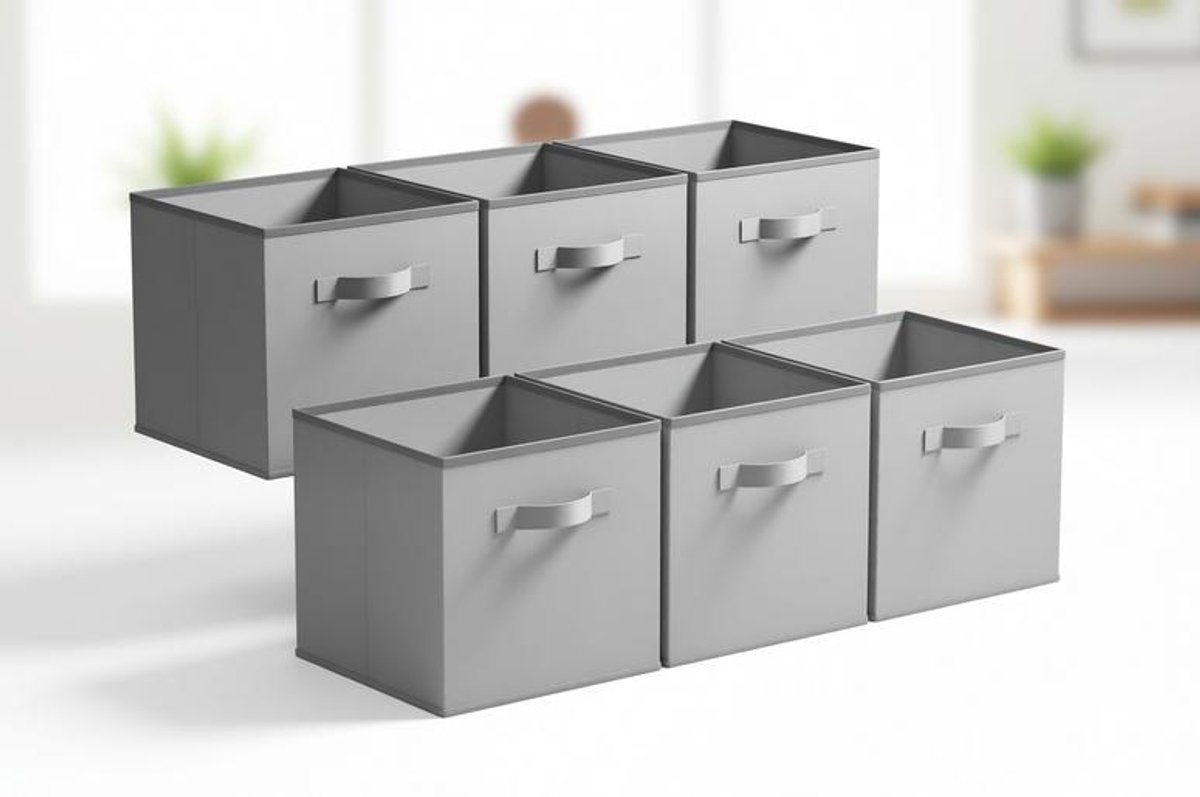 ElleMooi Stoffen opbergkubussen 33x33x32,4cm 6-delig - Opvouwbare cube storage boxes met handvat - Grijs
