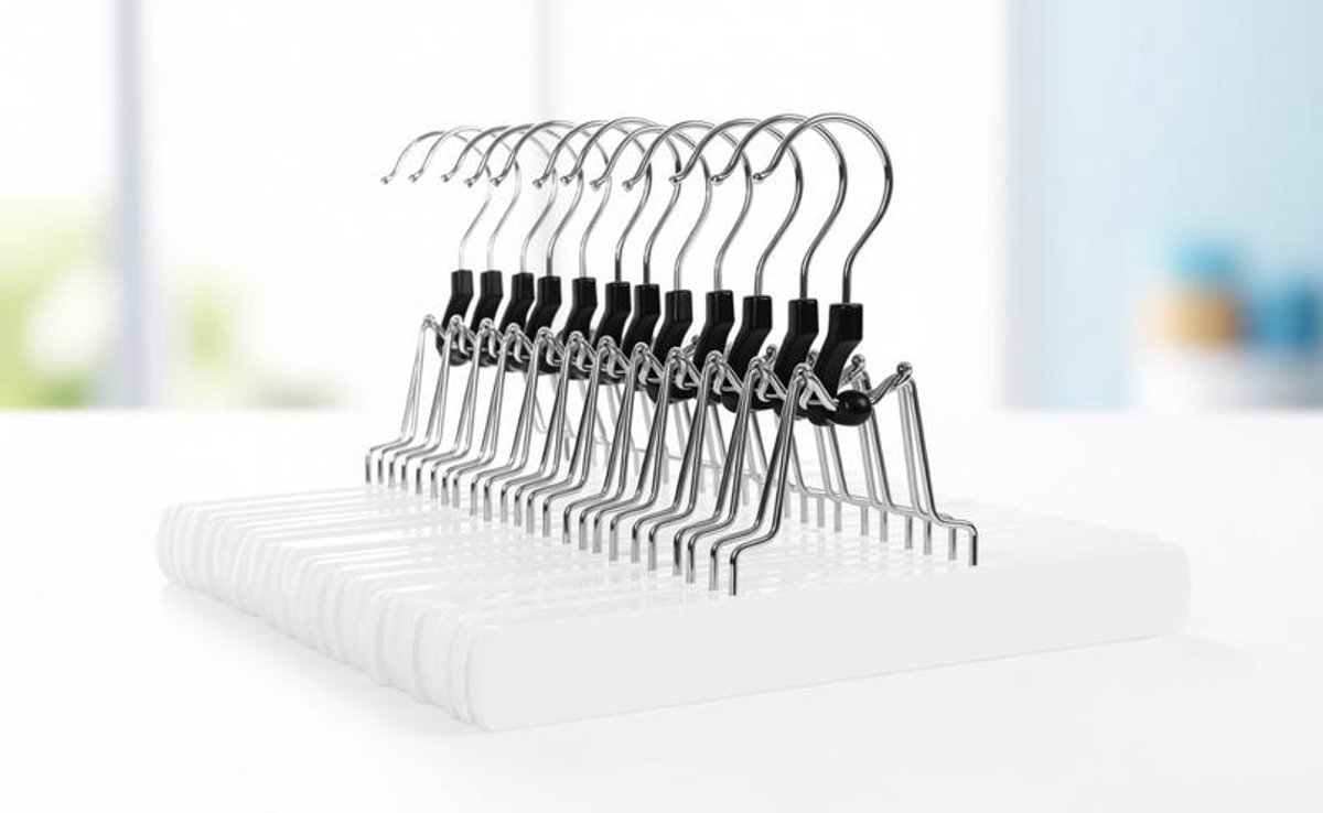 ElleMooi Broekspanner 12 stuks - Houten Broekhangers met Klem - Antislip - Verchroomde Haak - 360° Draaibaar - Wit
