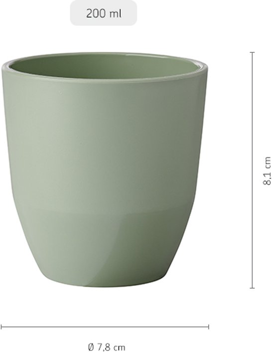 Zachtgroene beker met afmetingen 200 ml, 7.8 cm diameter, 8.1 cm hoog.