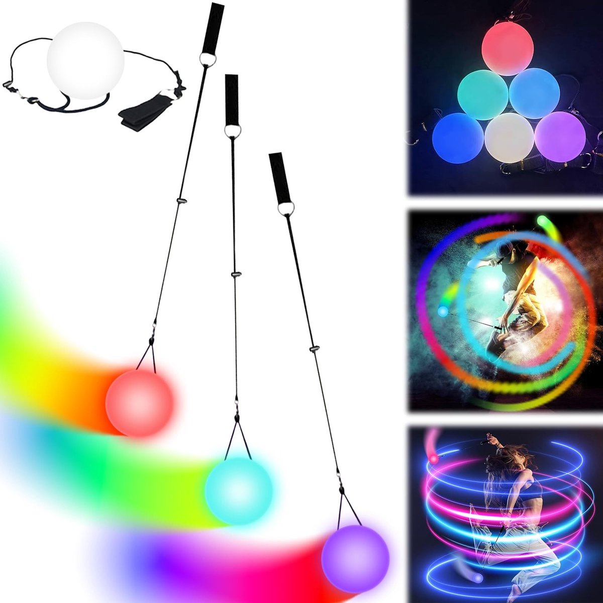 LIVIA HOME- Led-Poiballenset 3 Stuks - Regenboogkleuren - Stroboscoopeffect - Verstelbare Lussen - Hoogwaardig Rubber - Perfect Cadeau - Jongleerballen