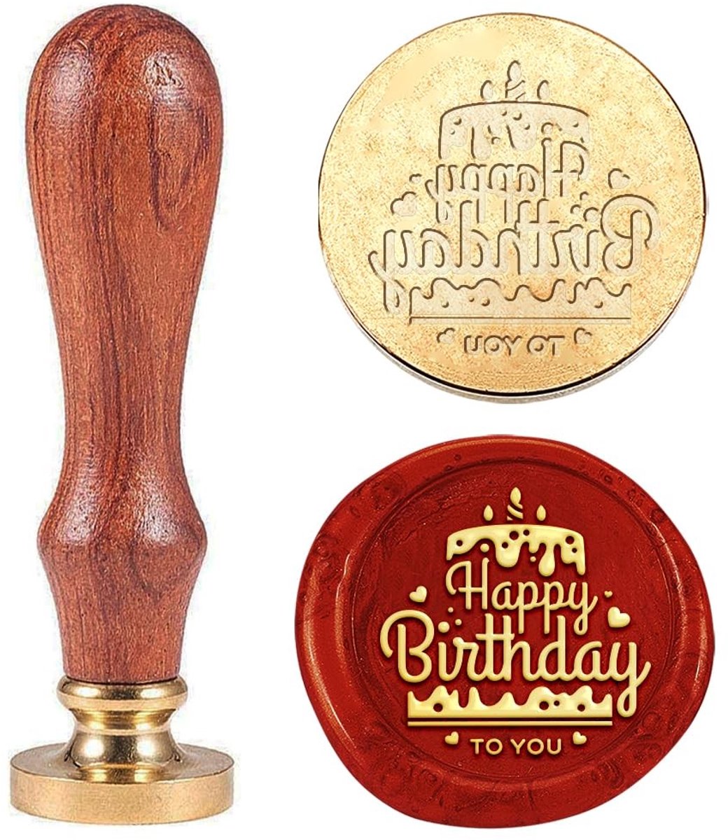 SOUQONE- Waszegelstempel Vintage Happy Birthday - Messing Stempelkop 25 mm - Houten Handvat - Afdichting voor Enveloppen - Decoratie voor Bruiloften - Eenvoudig in Gebruik - Zegelstempel