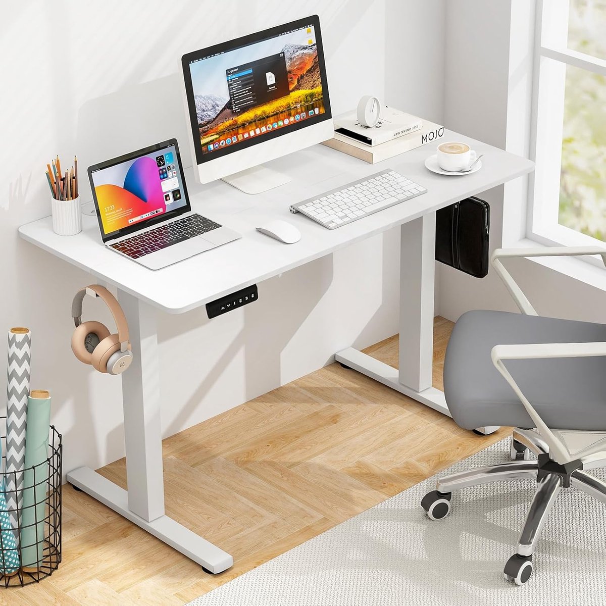 FlexDesk ErgoLift Smart Memory Elektrisch Zit-Sta Bureau 120x60 cm – LED Display, Memory Functie, Anti-Collision Veiligheid, Kabelmanagement & 2 Haken – Wit –
