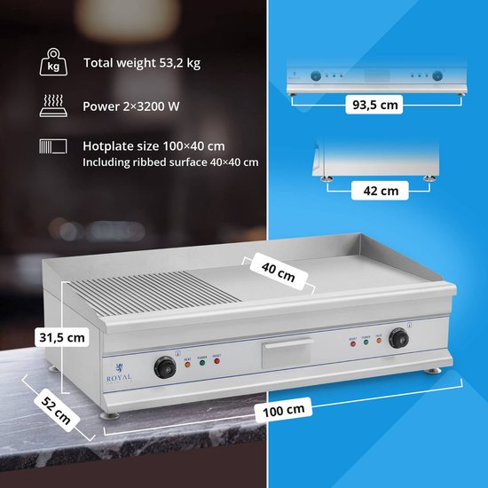 Dubbele elektrische bakplaat - 100 cm - geribbeld - 2 x 3200 W - Royal Catering — afbeelding 2