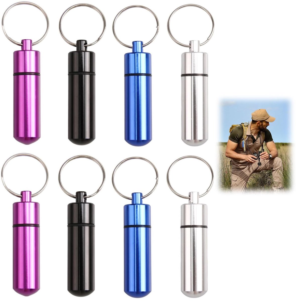 Dailygoods- Pillendoos 8 Stuks - Mini Pillendoos Sleutelhanger - Draagbare Tablettenbox - Waterdichte Doos - Compact en Duurzaam - Ideaal voor Reizen