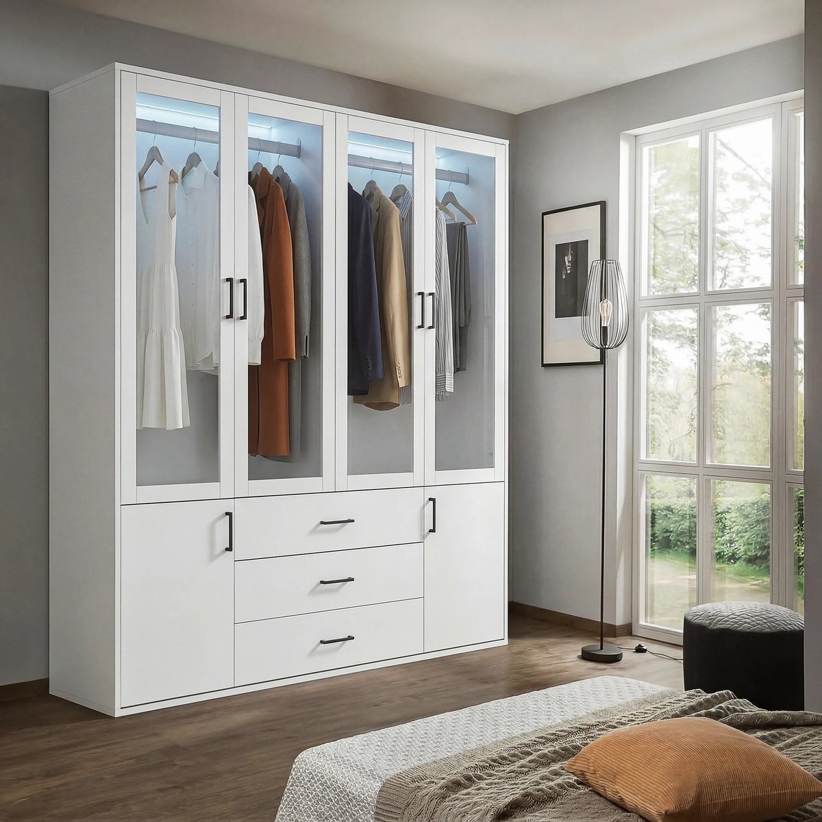 Dailygoods kledingkast met LED-verlichting, veelzijdige deurkast met deur, kast met kledingrek, kledingkast met lade, wi