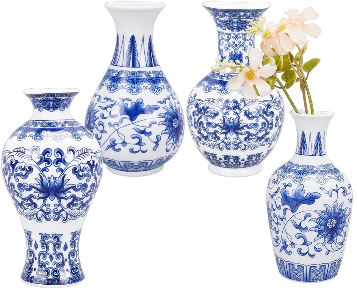 Dailygoods - 4 Stks Chinoiserie Vazen Wandmontage - Decoratieve Keramische Bloem Vazen