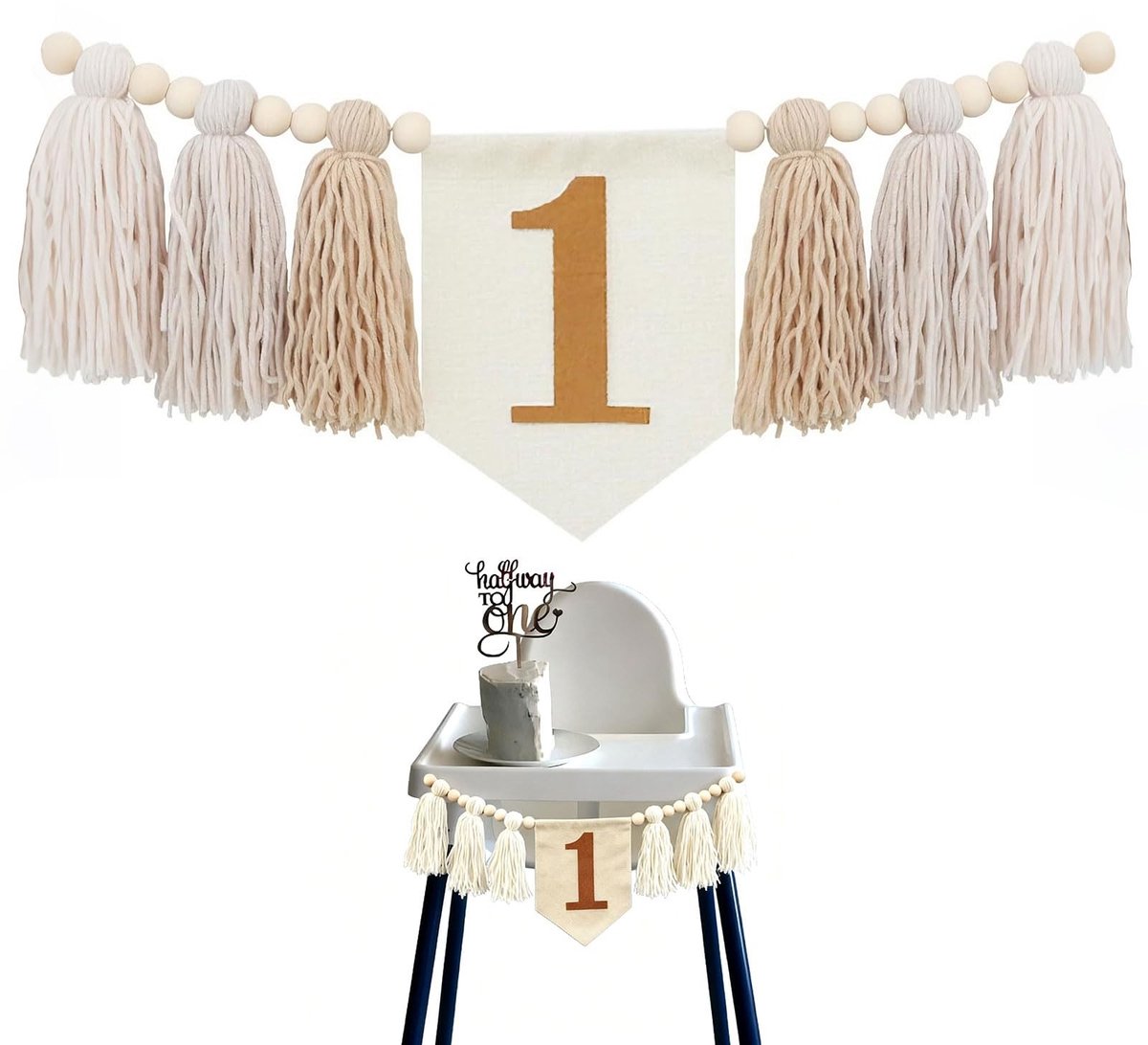 Dailygoods- Verjaardagsbanner Handgemaakt - Hoge Stoel Decoratie - Vlaggenlijn - Verjaardag Decoratie - Baby Meisje - Zachte Kleuren - Verjaardagsdecoratie