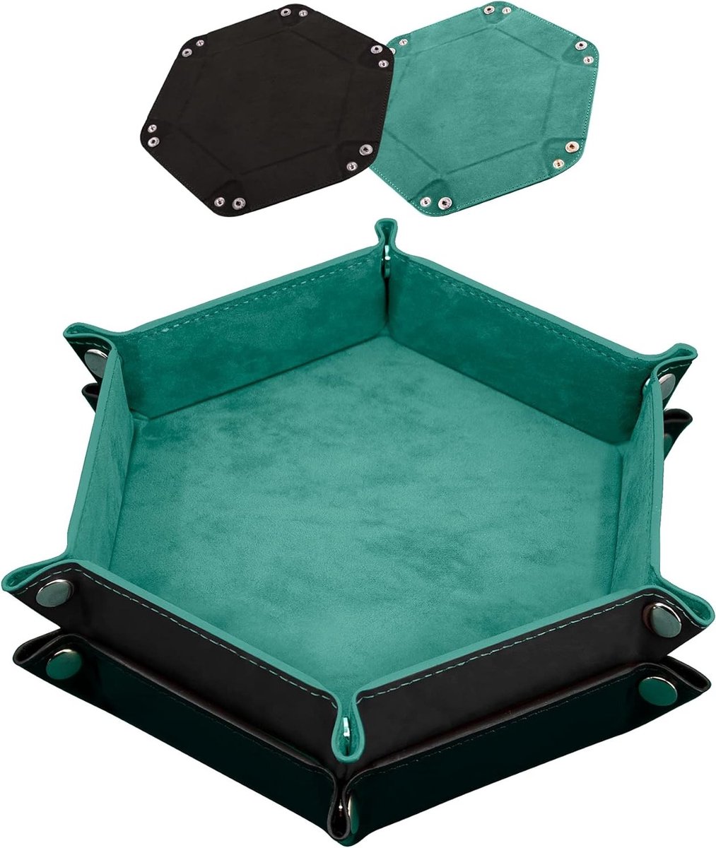 SnelShoppen - Hexagonale Dobbelstenen Tray Set van 2 - PU Leer en Fluweel - Ideaal voor DND, RPG en Bordspellen - Zwart en Cyaan