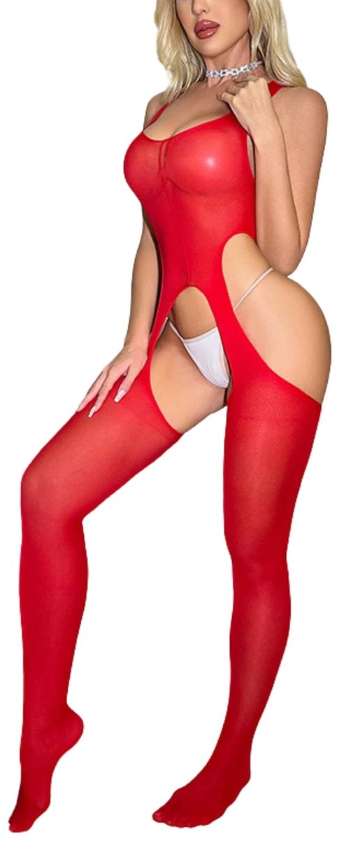 ZEYNOMAX- Ondergoed Sexy - Jarretels/Negligé - Nachtkleding/Nachthemd - Bodysuit/Open Kruis - Eendelige Kousen - Elastisch Materiaal - Lingerie