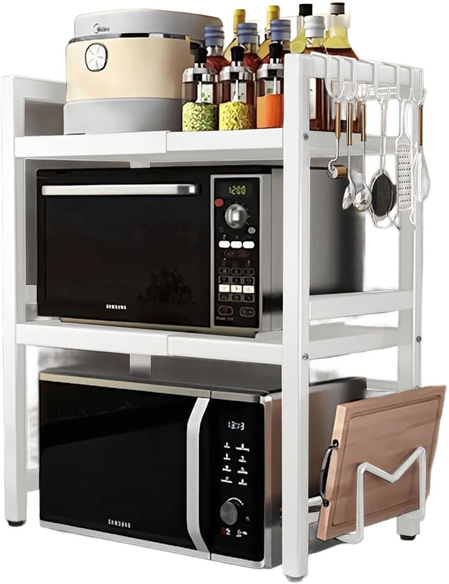 Uitschuifbaar Magnetronrek 2-Lagen – Keuken Opbergrek met Haken, Bestekhouder, Messenhouder en Snijplankhouder – Metaal Keuken Organizer – Wit – 40–64 x 36,5 x 78 cm