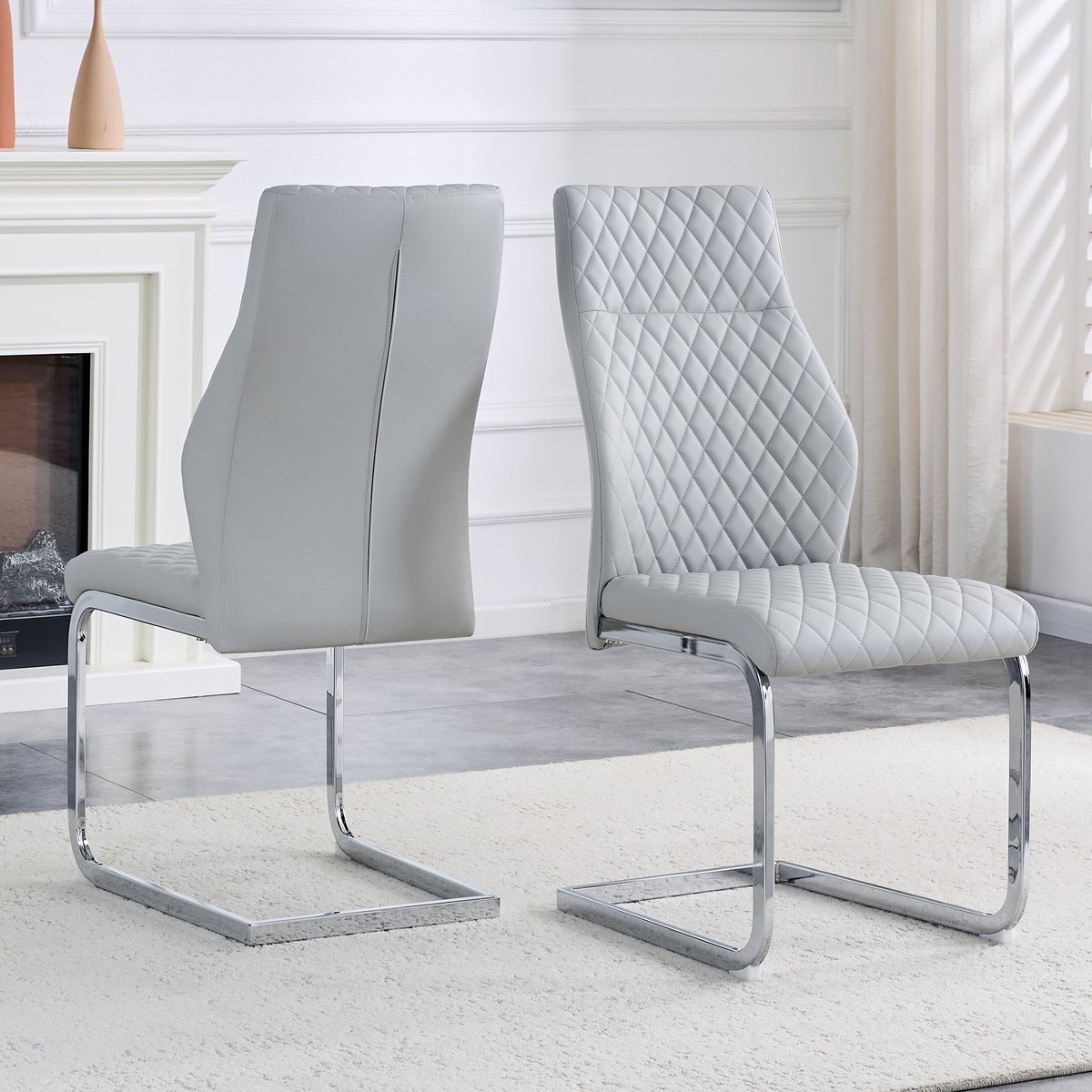MODFU Eetkamerstoelen Set Van 2 - Hoge Rugleuning - Gewatteerde Zitting - Modern - Metaal - Lichtgrijs En Zilver Lichtgrijs, zilver