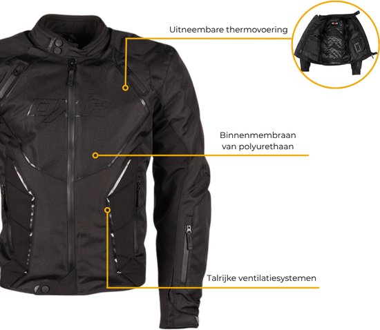 Zwarte motorjas met pijlen die verwijzen naar: uitneembare thermovoering, binnenmembraan en ventilatiesystemen.
