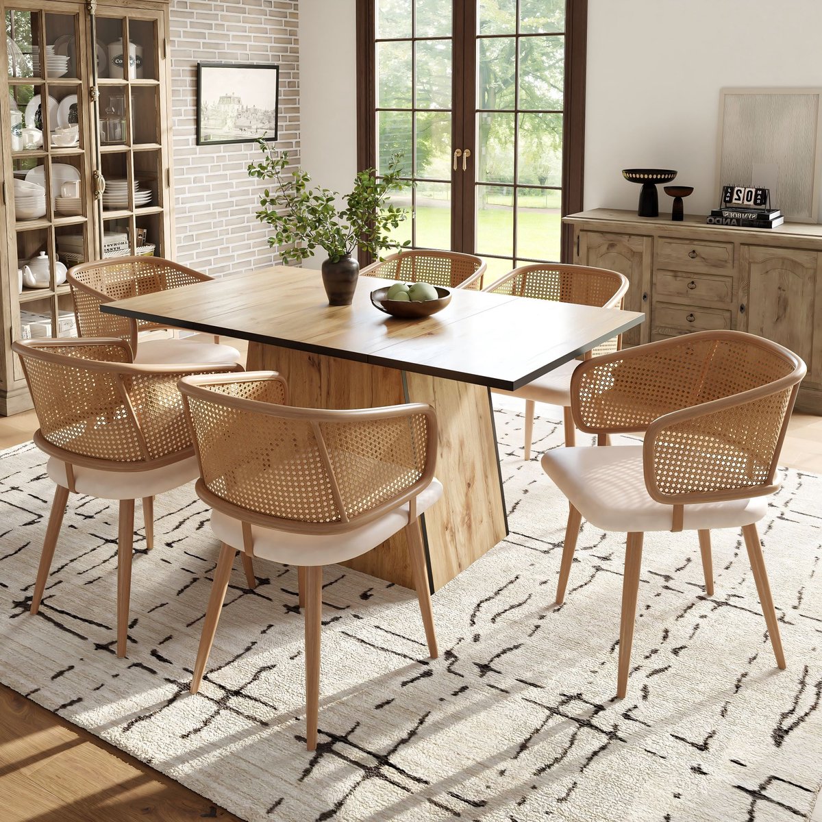 Clruro Eetkamerstoel - Set Van 6 - Rattan Rugleuning PU Leer Zitkussen Modern Minimalistisch - Restaurant Woonkamer Café - PU Leer Rattan - Onbekend Bruin