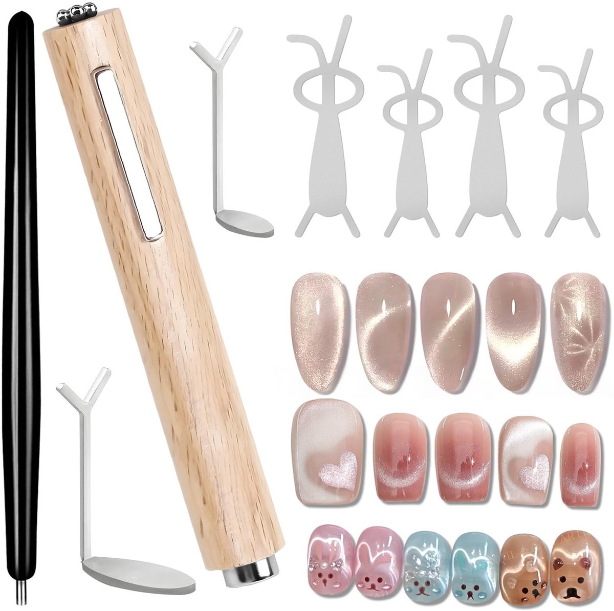 JHUBERS- Nail Magnet Tool Set 8 Stuks - Cat Eye Effect - Houten Handvat - Magnetische Pen - Multifunctioneel - Voor Nagels - Nagelkunst