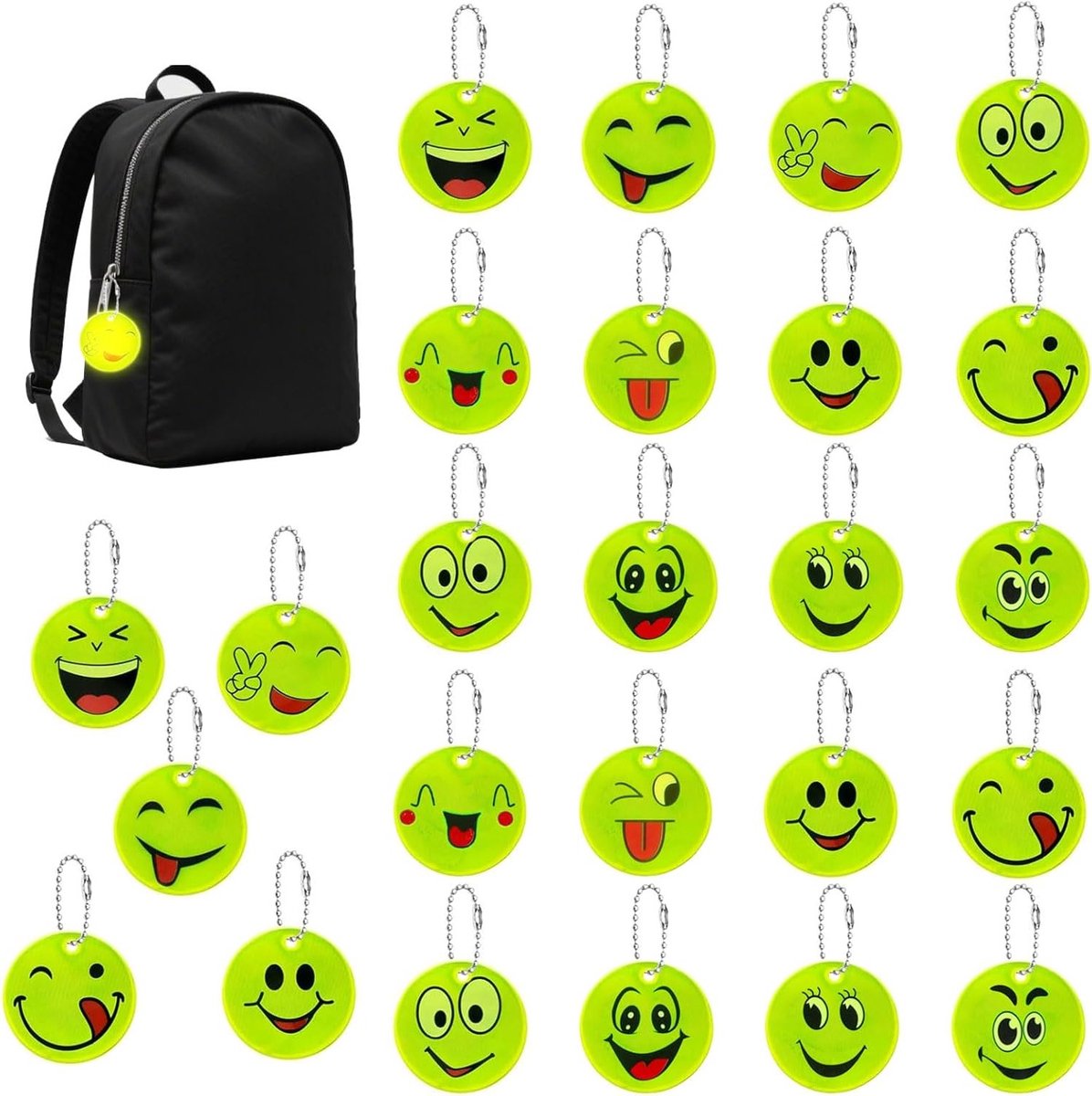 Veilige Reflector Hanger voor Kinderen - 25 Stuks met Schattige Emoticon Patroon voor Schooltas, Rugzak, Fietsen en Wandelen