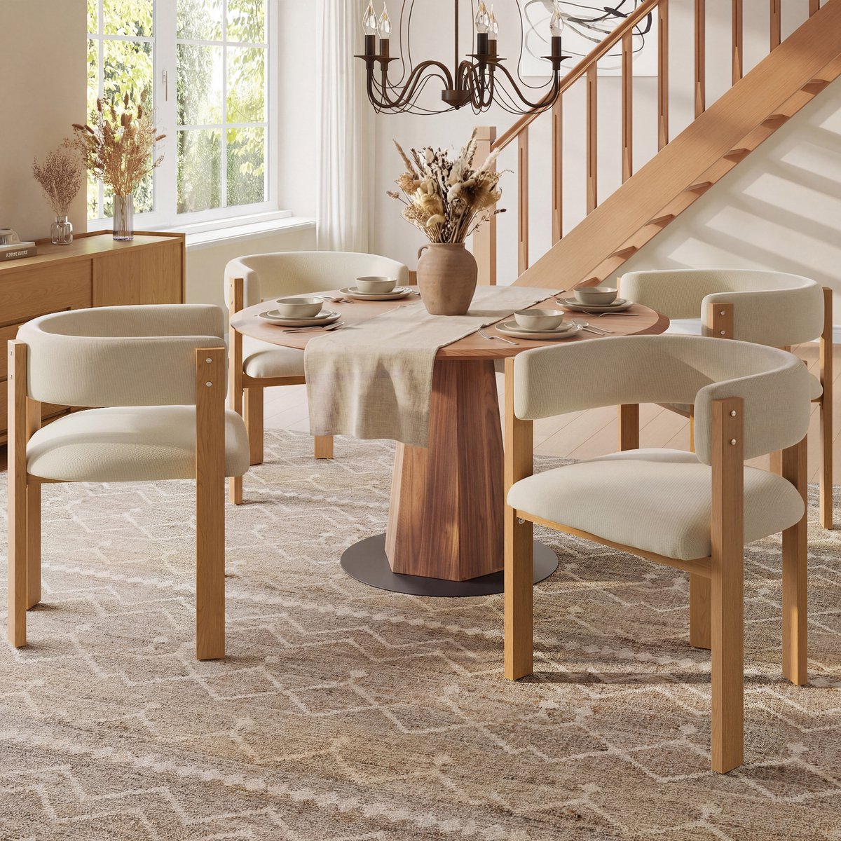 REDOM Eetkamerstoel Set Van 4 - Ergonomisch En Gestoffeerd - Modern - Metaal Met Houtlook - Beige/Naturel - 47 × 48 × 72,5 cm
