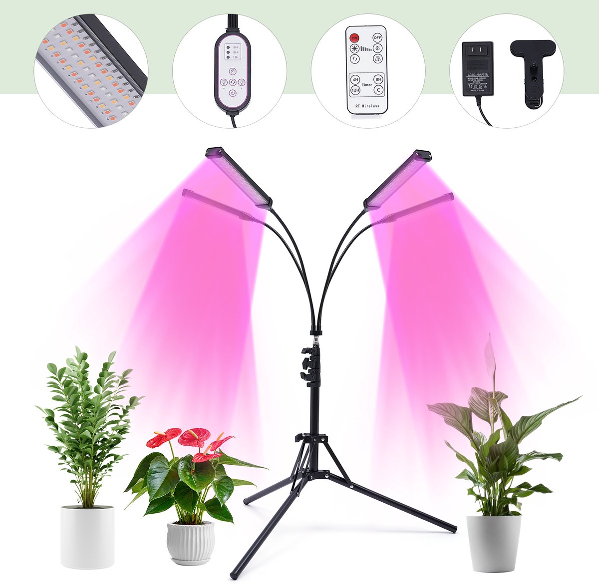 NAVOBIZ Planten kweeklamp - Groeilamp - Plantenlamp - 4 lichtarmen - 10 lichtstanden - Verstelbaar - Timerfunctie - Zwart model