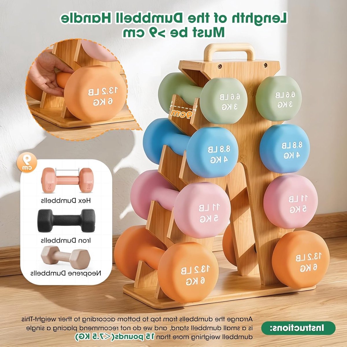 Dumbbell Stand en Gewichten Set, 4-laags Houten A-Frame Rack voor 3-7 kg Halters, Ruimtebesparende Fitness Organizer met Draaghandvat voor Thuisgym, Ideaal voor Beginners en Gevorderden thumbnail 6