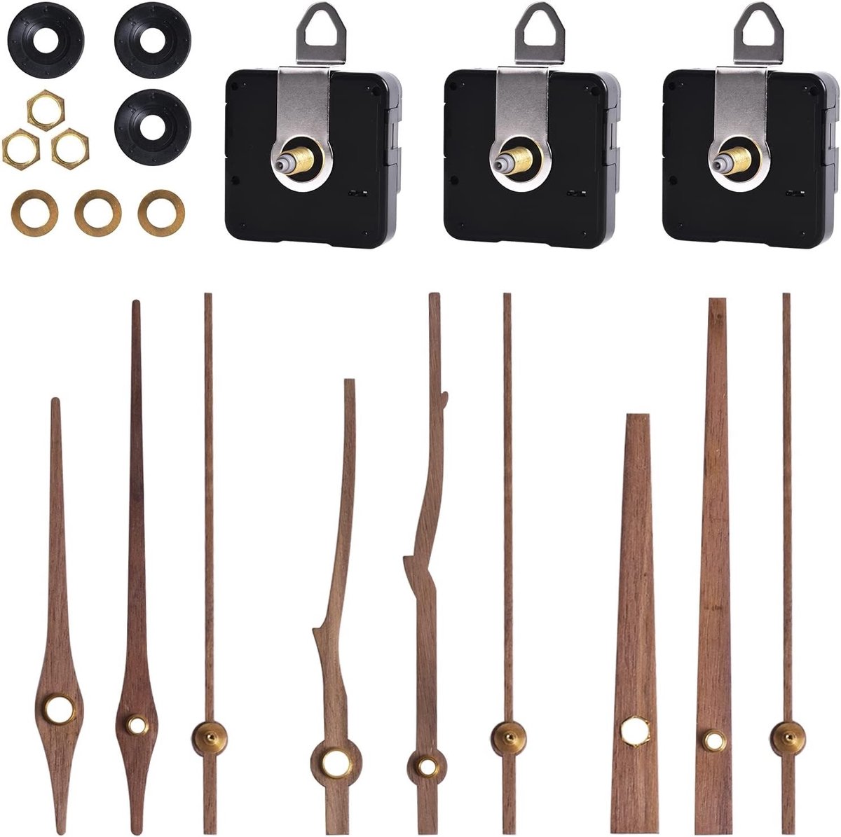 3 Sets Quartz Klokmechanisme met Walnoot Houten Wijzers, Stille Vervangingskit voor Wandklok 30cm, Lange Schacht 20mm, Perfect voor Klokprojecten