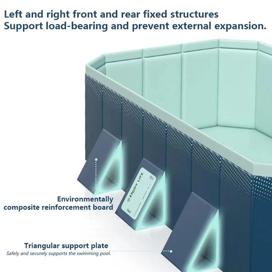 Detail van de blauwe zwembadwanden met driehoekige steunplaten voor stabiliteit.