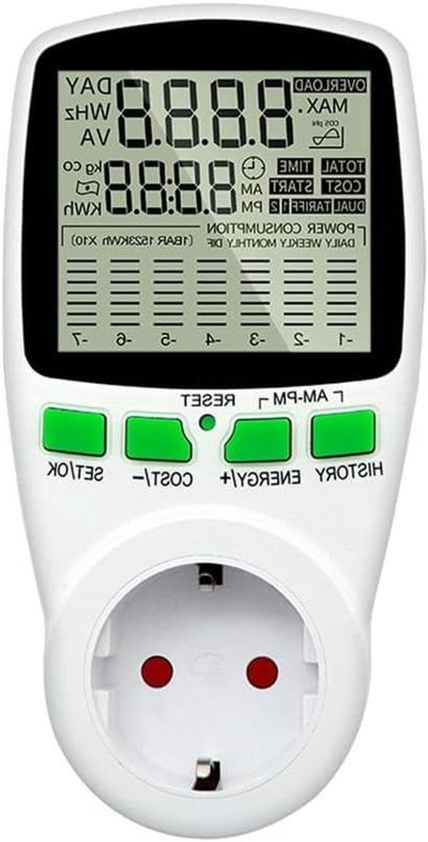 Digitale Energiemeter - Wattmeter Vermogen - Stroomverbruik Meten - Nauwkeurige Meting - 15 x 8 x 7 cm - Wit