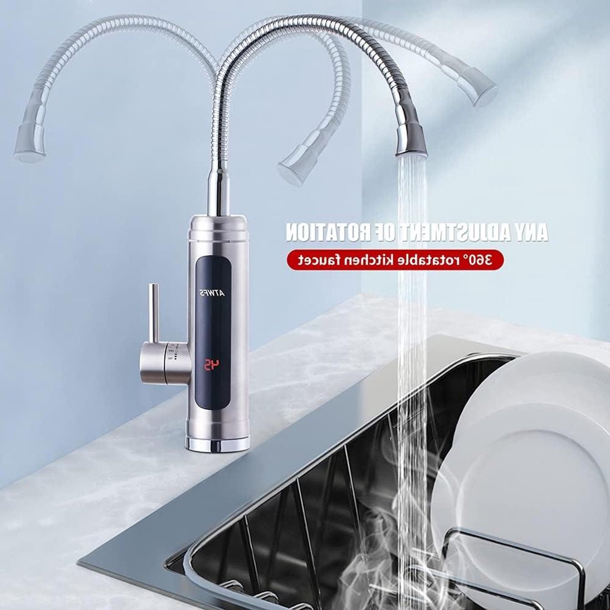Elektrische waterkraan - Doorstroomboiler kraan - Direct warm water - Digitaal display - 3000-3600W - Zilver