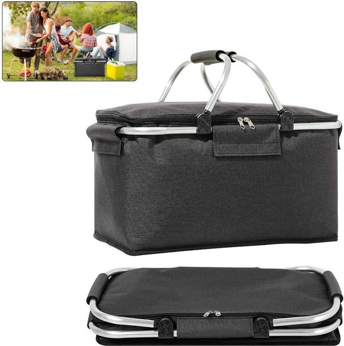 SnelShoppen - Vouwbare Winkelmand - 18 Liter Thermische Picknickmand met Deksel, Aluminium Frames, Handvatten en Rits - Zwart