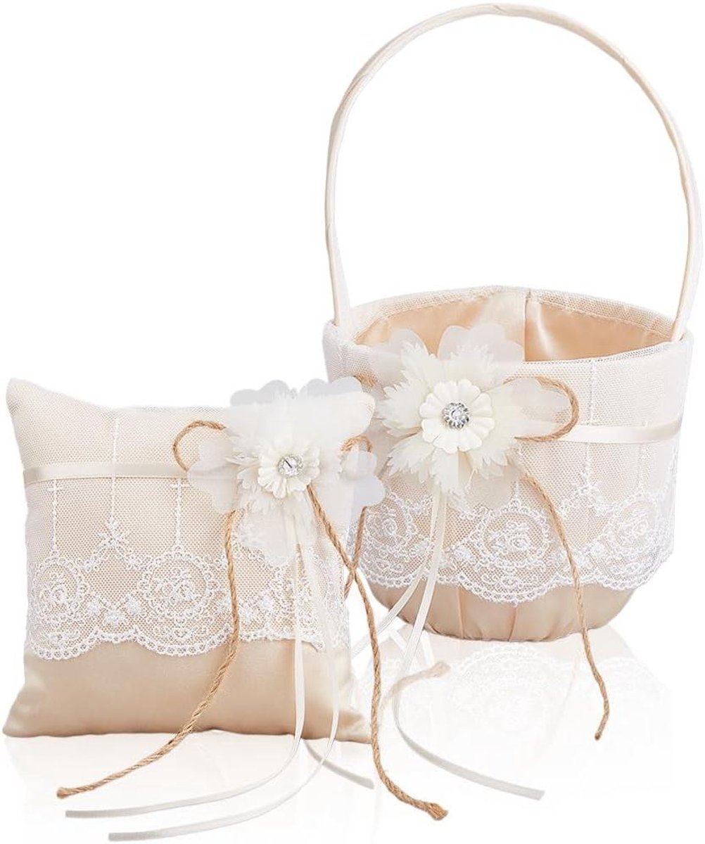 Bloemenmeisje mand - Ring kussen - Bruiloft ceremonie - Rustieke jute stijl - Set van 2 stuks - Linnen