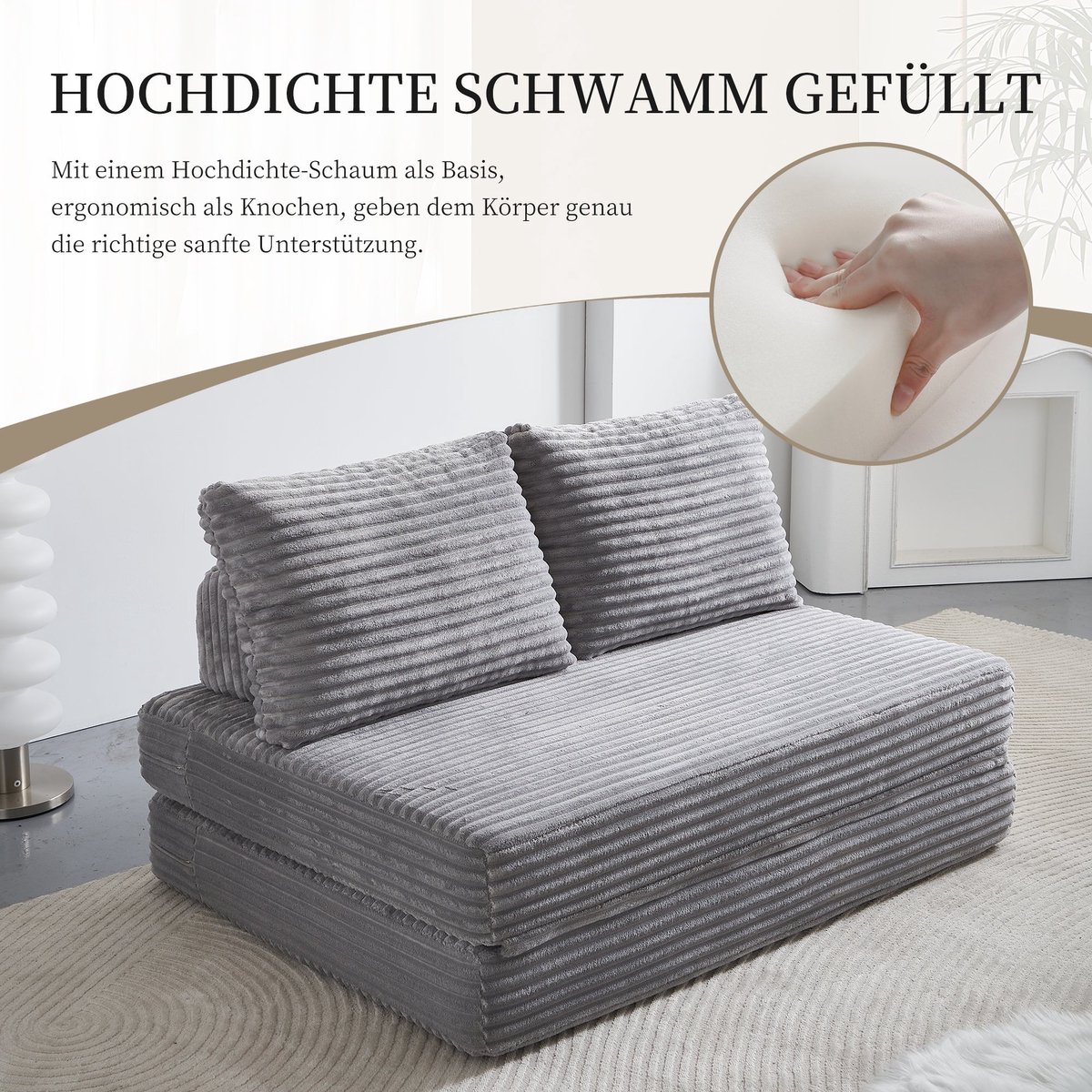 Merax 2-Zits Slaapbank zonder Montage - Uitklapbare Loungesofa van Ribstof - Opvouwbaar Vloersofa en Logeerbed voor Woonkamer & Slaapkamer - Lichtgrijs