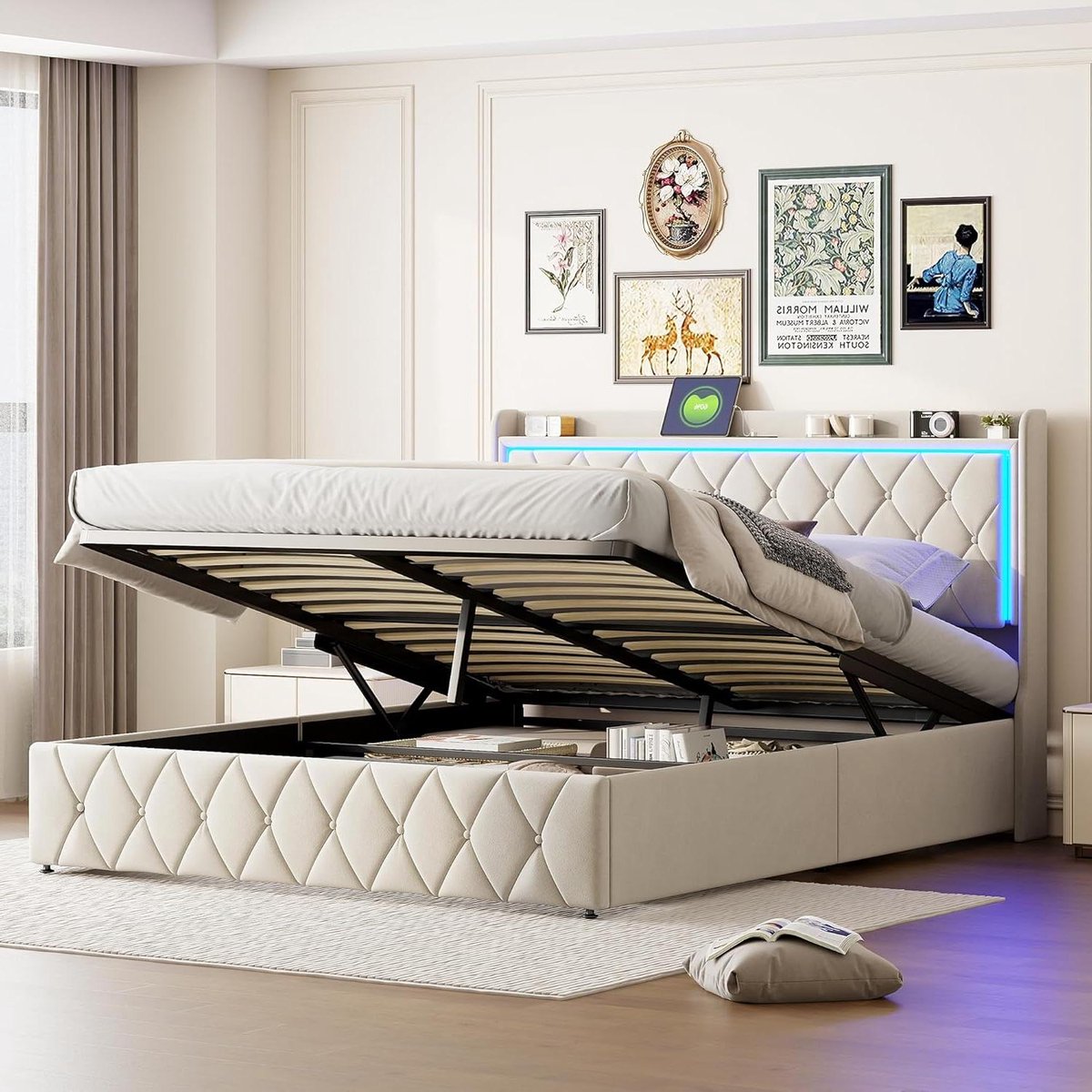 Bekleed Bed - Tweepersoonsbed Boxbed - Opbergen Slapen - Met Laadstation - 140x200 cm - Beige