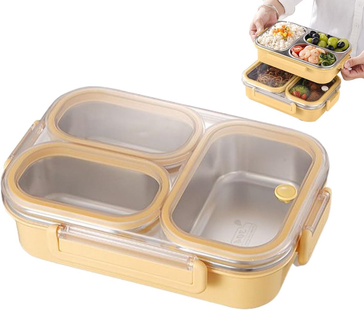 Kinder Bakjes - Eetbox RVS - Lunch Meenemen - Drie Vakken - 253L x 18B x 79H cm - Geel
