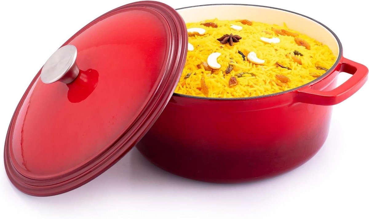 Gietijzeren Braadpan Kookpot Emaille Langzaam Koken Gelijkmatige Warmte 5 Liter Rood