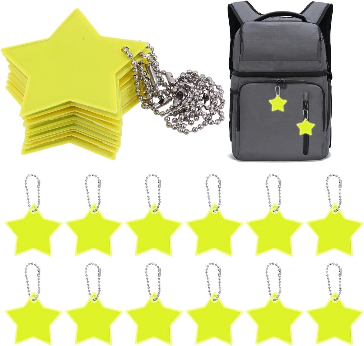Veiligheidsreflector Hanger voor Kinderen, Stervormige Reflectors, 12 Stuks voor Rugzakken, Fietsen, Wandelen en Hardlopen