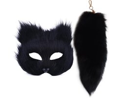 Kattenmasker met Staart - Furry Masker Set - Cosplay Feest - Half Gezicht Ontwerp - 40 cm Staart - Zwart