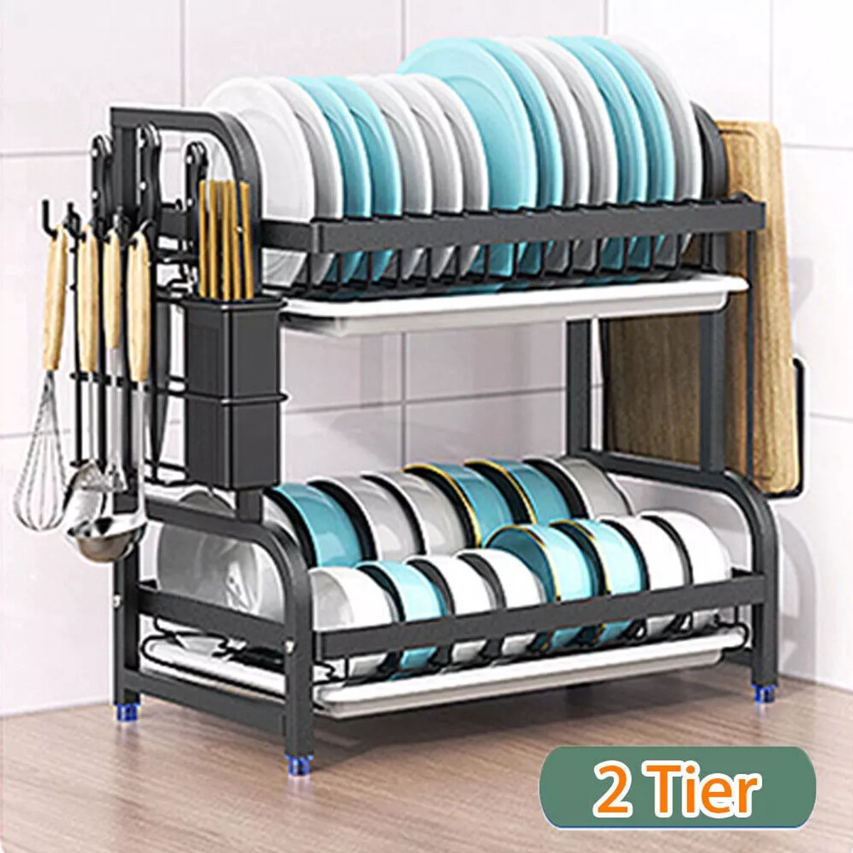 2 Lever Dish Drainer Rack met Drip Tray Kitchen Drying Rack Bowl Plate Holder