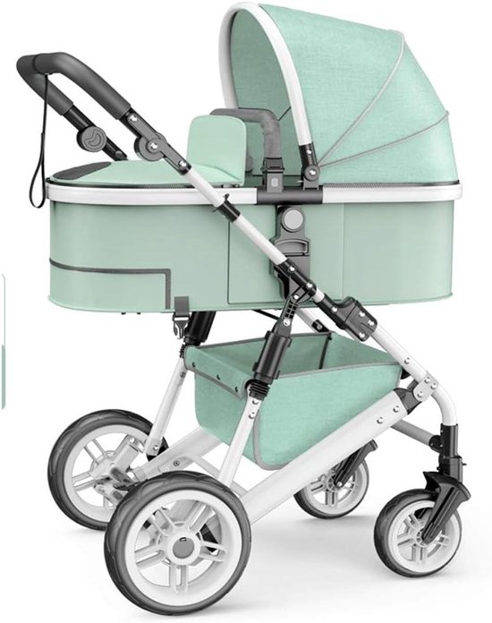 Groene kinderwagen met witte accenten en mand