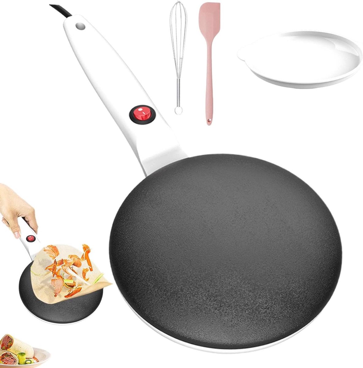 Crêpespan Elektrisch - Pannenkoekenmaker Machine - Snelle Maaltijden Maken - Automatische Temperatuurregeling - 19 cm Diameter - Wit