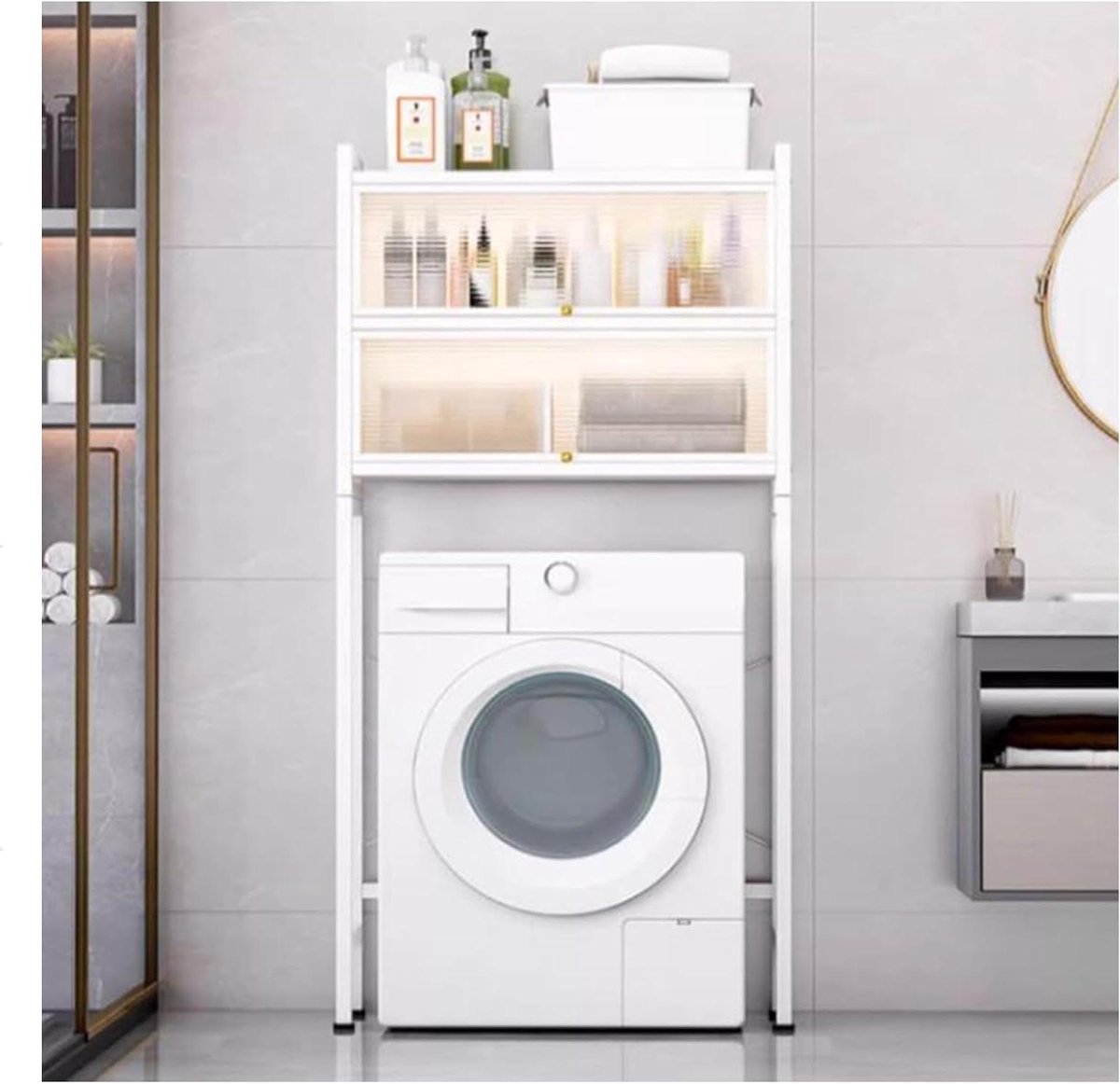 Wasmachine Kast - Opbergrek - Ruimte Nizen - 3 Laags Ontwerp - Verstelbaar - Wit