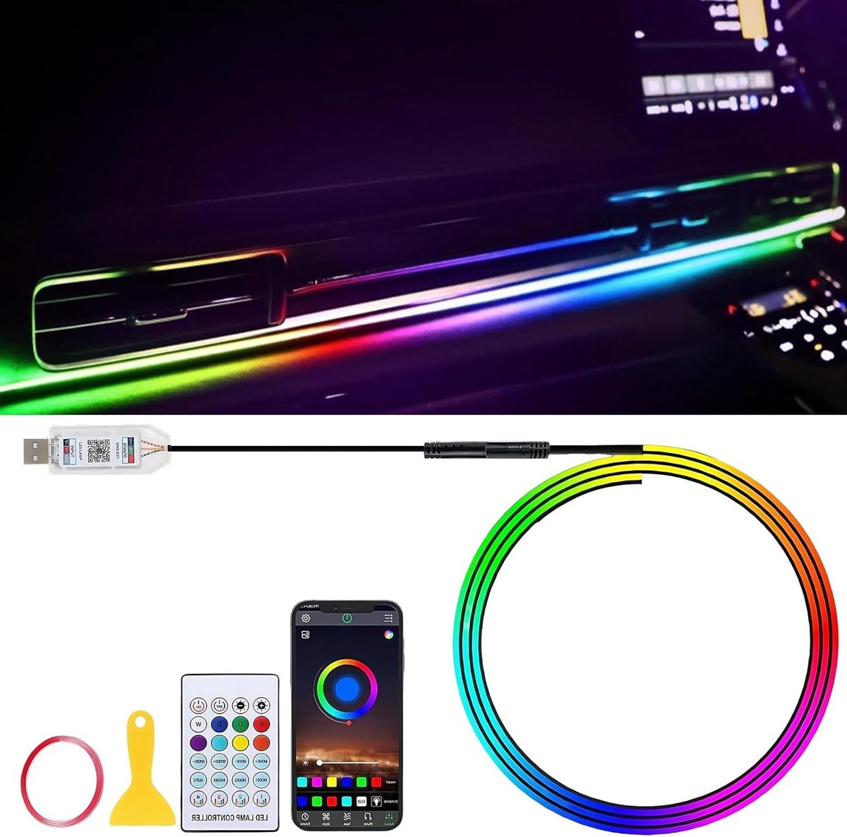 LED Interieurverlichting voor Auto's - 110cm RGB Ambient Verlichting met APP-besturing, 16 Miljoen Kleuren, USB-aansluiting, Sfeerverlichting Kit voor Auto Decoratie