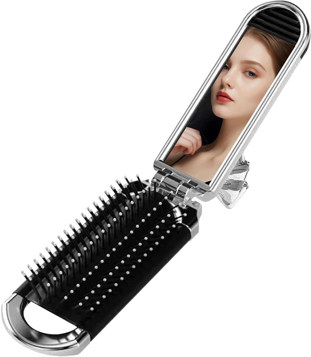 Reiskam met Spiegel - Vouwborstel Draagbaar - Make-up Controleren - Verwijderbare Spiegel - 11 cm Gevouwen - Zilver