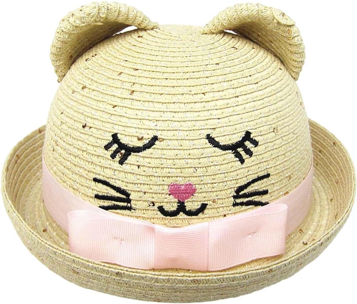Kinder Zonnehoed - Babymuts Zomer - Strand Bescherming - Geborduurd Kattenoortje - One Size - Wit