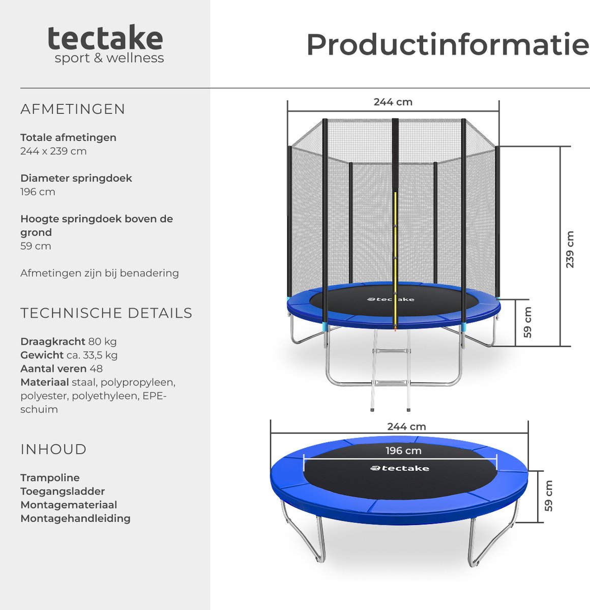 tectake® TÜV-geteste Trampoline met Veiligheidsnet - 244 cm - Kindertrampoline - Buitenspeelgoed - Sporttrampoline - Speeltoestel voor in de Tuin — afbeelding 8