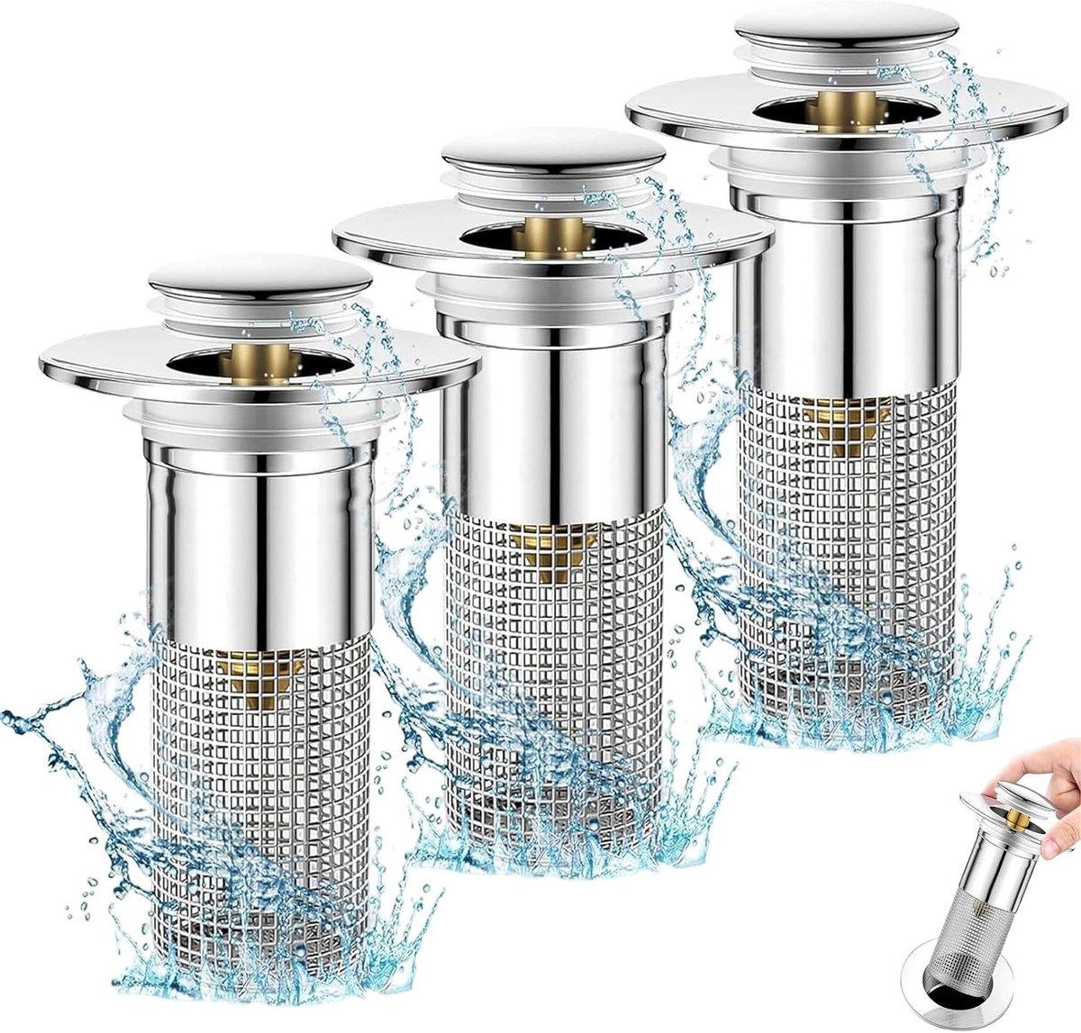 Wastafelstop - Afvoerzeef Stop - Afvoer Verstopping Voorkomen - Snelle Afwatering Klik - 34-40 mm - Zilver Messing