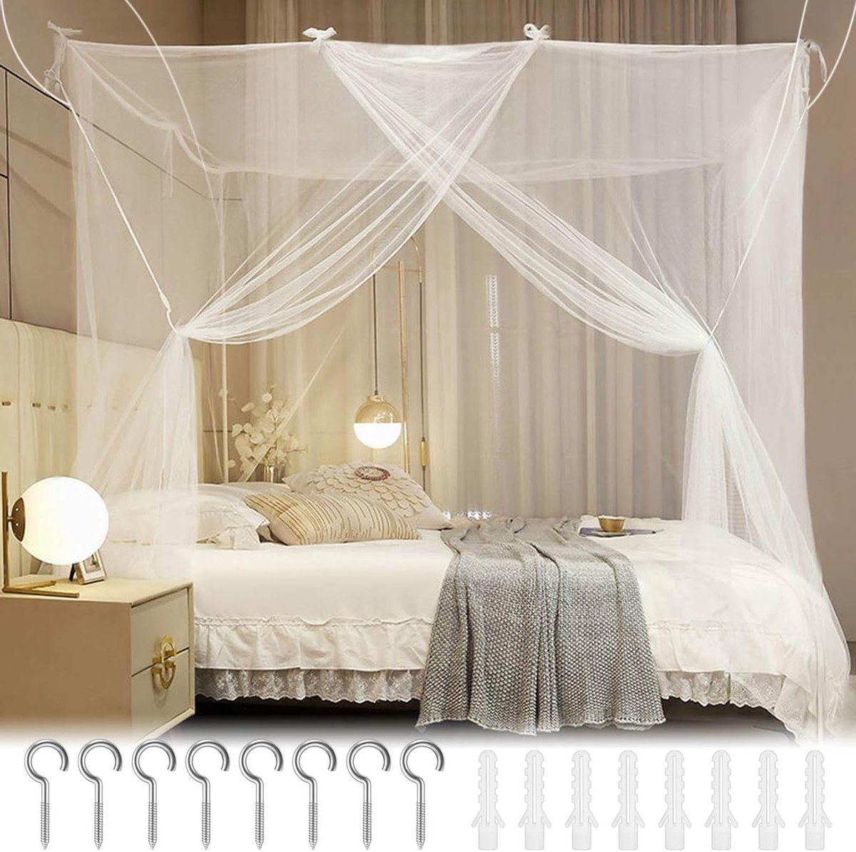Dubbele Bed Mosquito Net, Witte Polyester Insectenwering, Vierkante Bedhemel (150 x 180 x 195 cm) voor Betere Slaap en Bescherming tegen Muggen