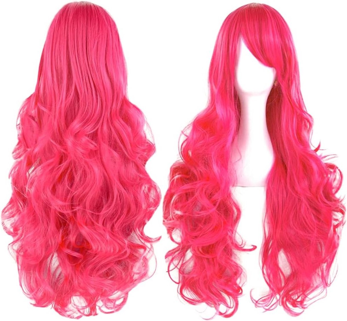 Langgolvende Rood Roze Cosplay Perkament met Bangs - Volumineuze Krullende Synthetische Haarwig voor Anime, Halloween en Feestkostuums